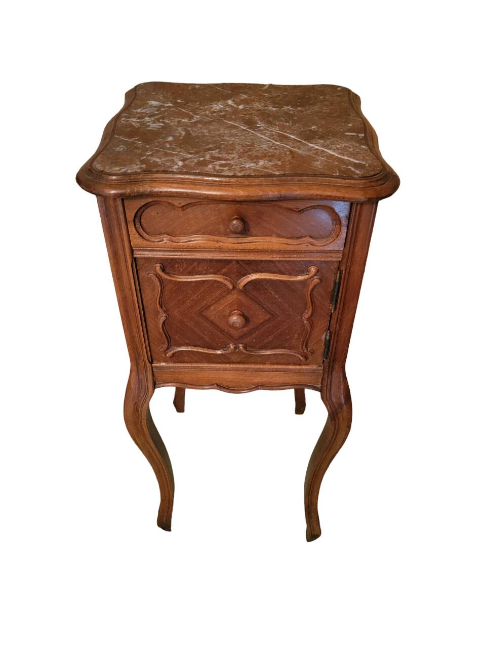 Antique walnut and marble bedside table