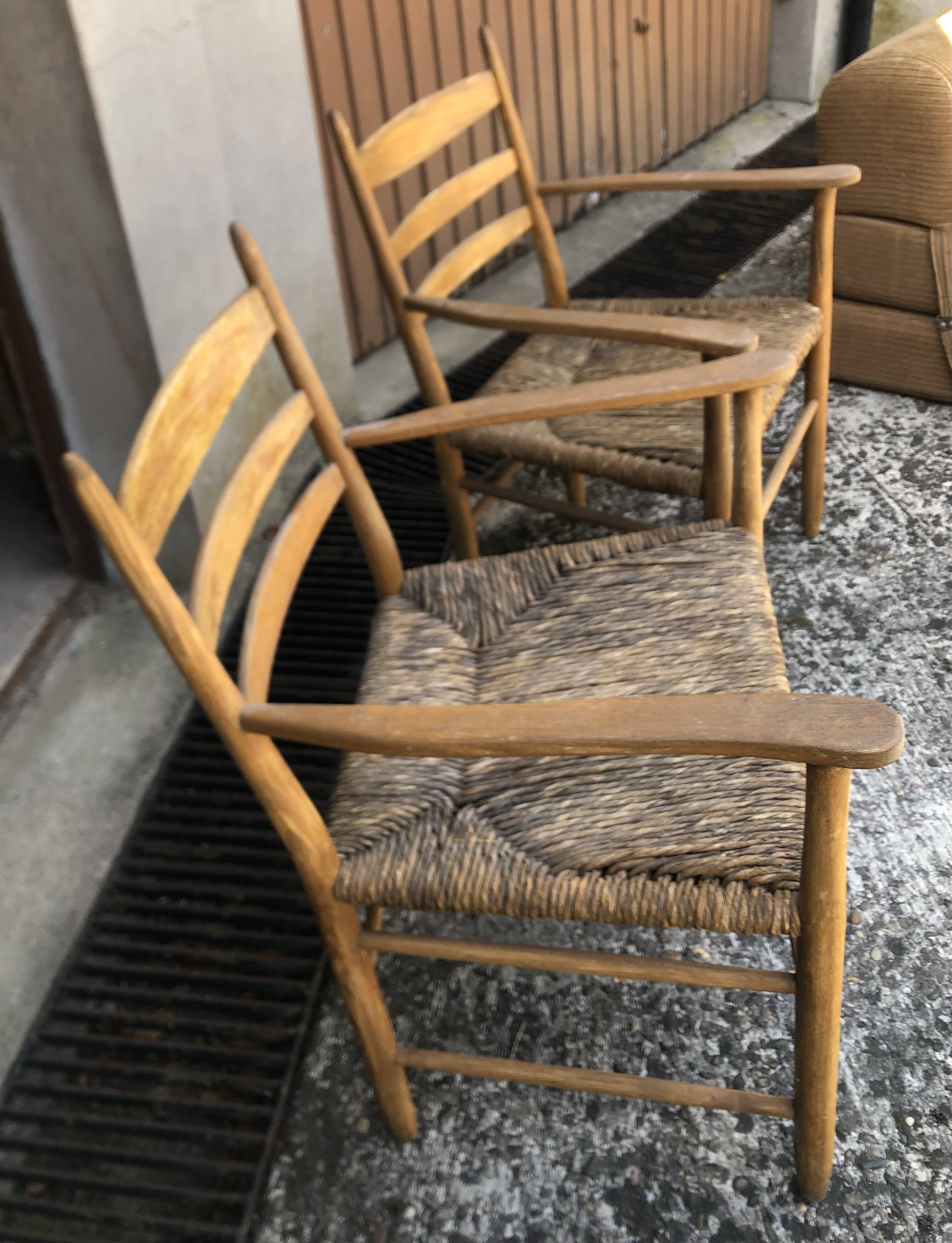 Fauteuils bois clair corde paille vintage Années 60