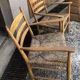 Vintage 60s light wood and straw rope armchairs