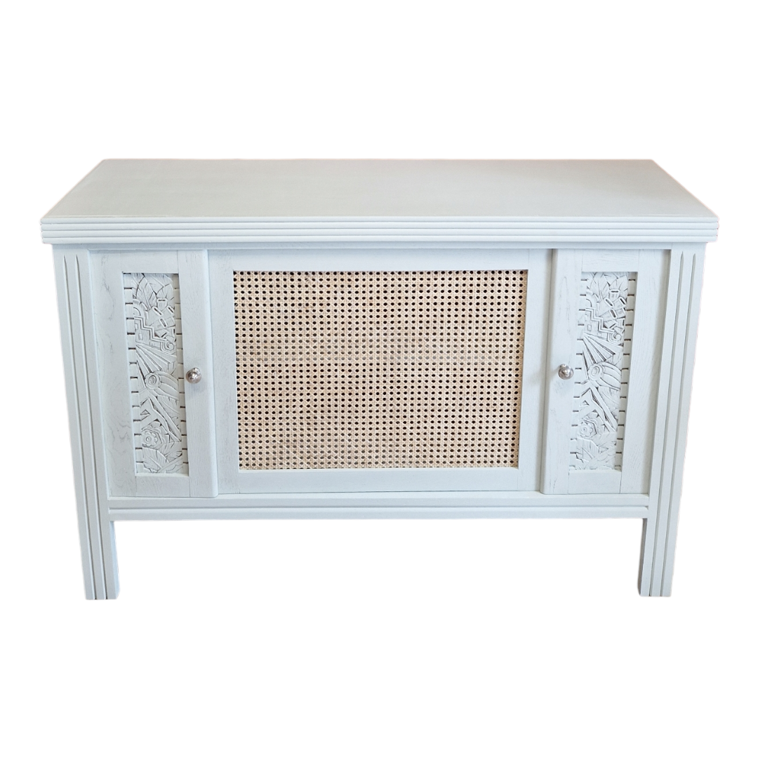 Buffet 3 portes en chêne style art déco relooké avec porte en cannage