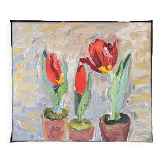 Peinture à l'huile de nature morte florale suédoise vintage moderne du milieu du siècle « Fleurs rouges », encadrée