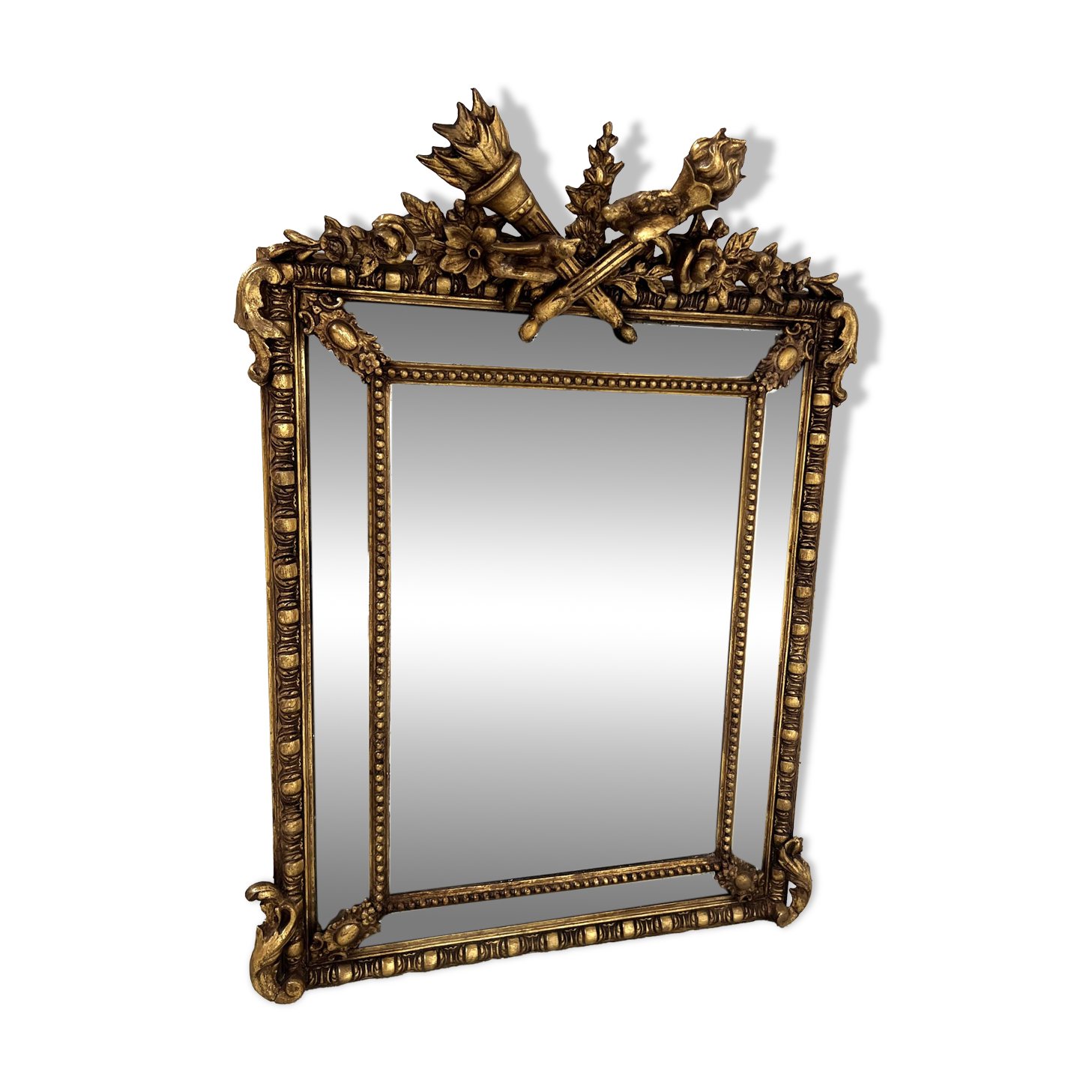 Louis XVI style mirror with parecloses in wood and gilded stucco, 19th century