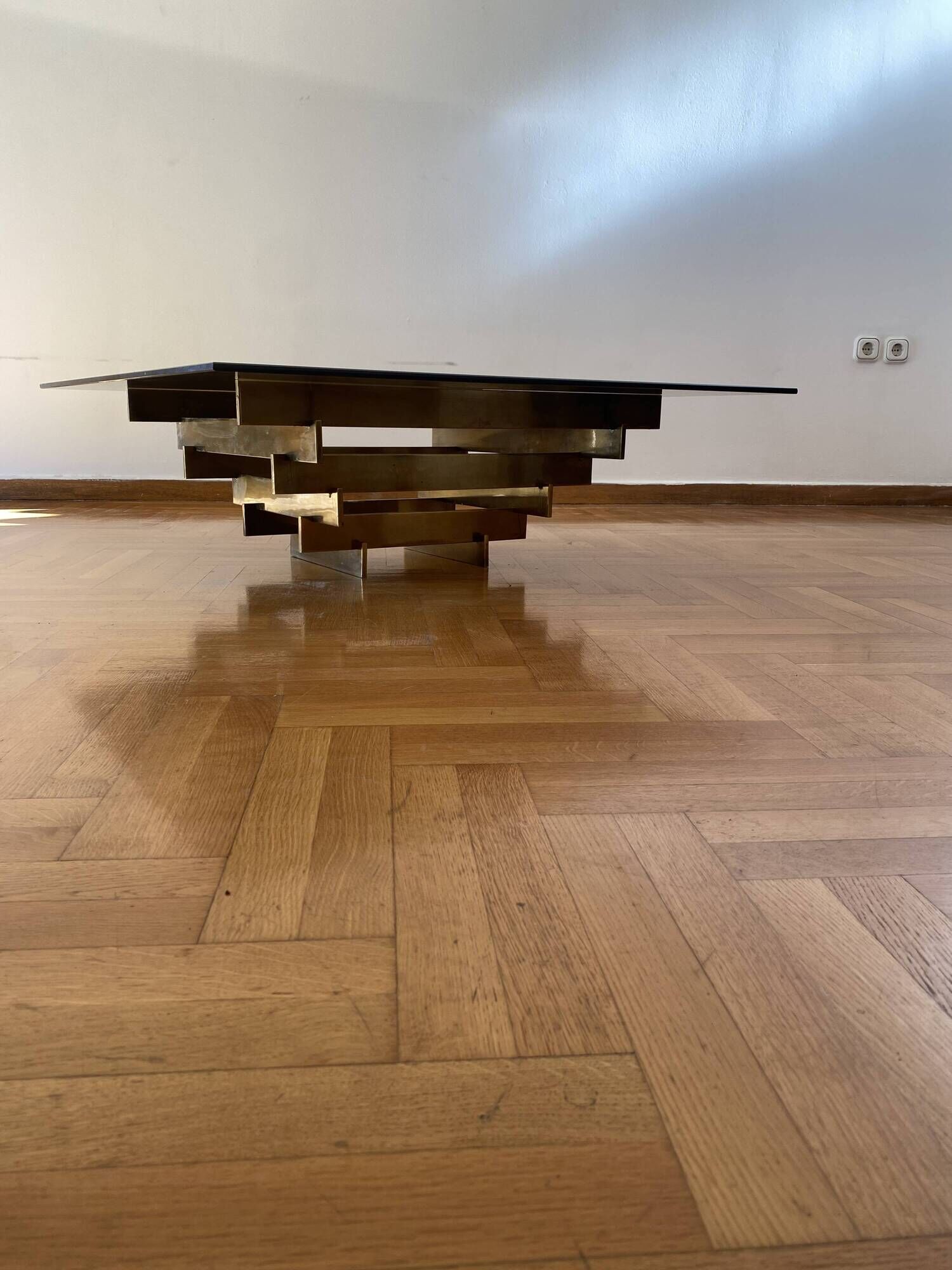 Vintage 1970s Square Coffee Table in Brass and Smoked Glass, David Hicks