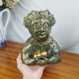 Clay sculpture of mother nature holding eggs, vintage modern figurative art