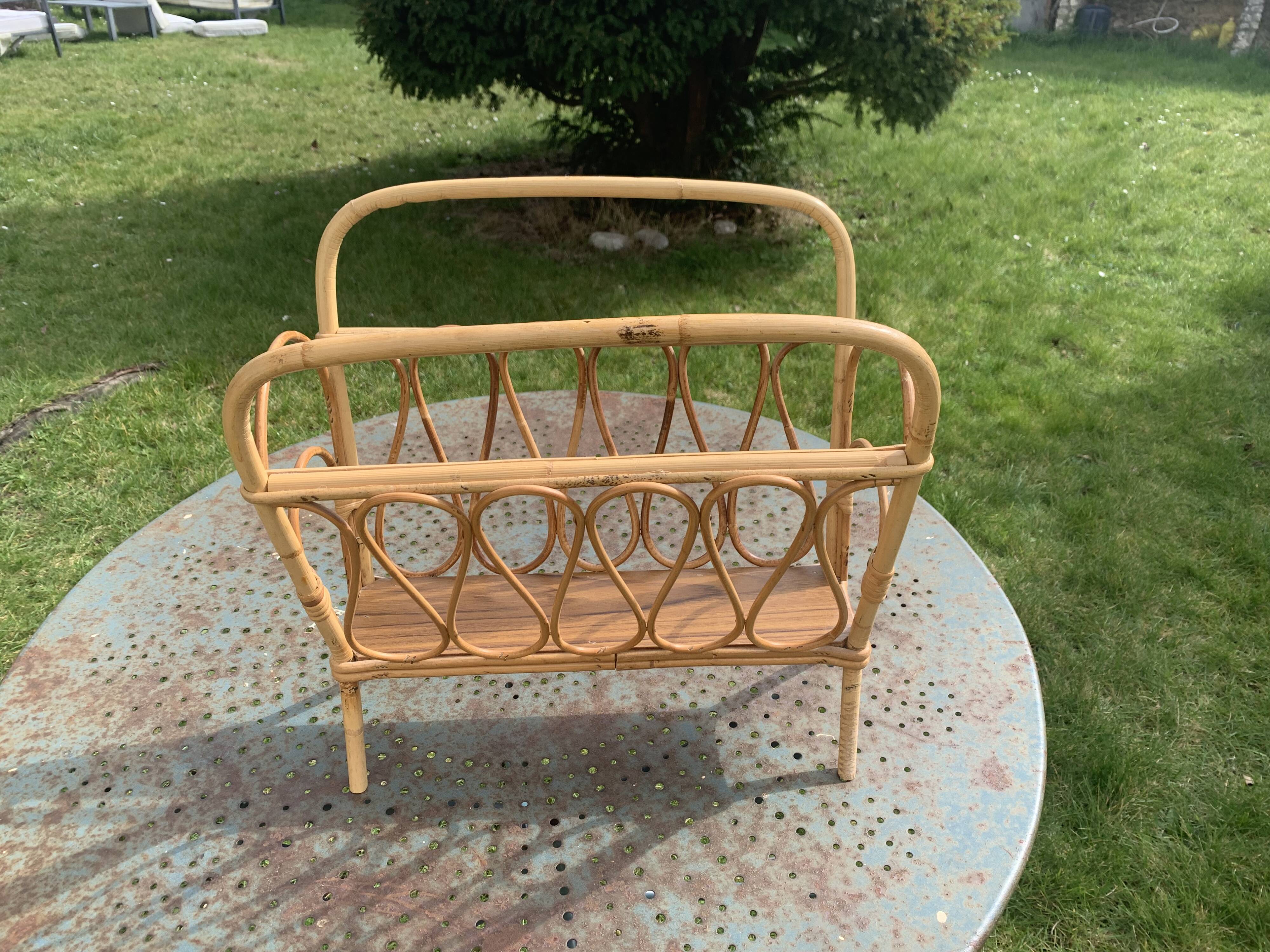 Vintage bamboo and rattan magazine holder 1960