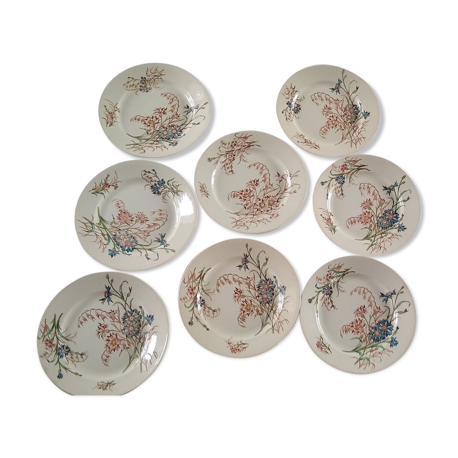 8 flat flowery plates country décor Lunéville Cornflower
