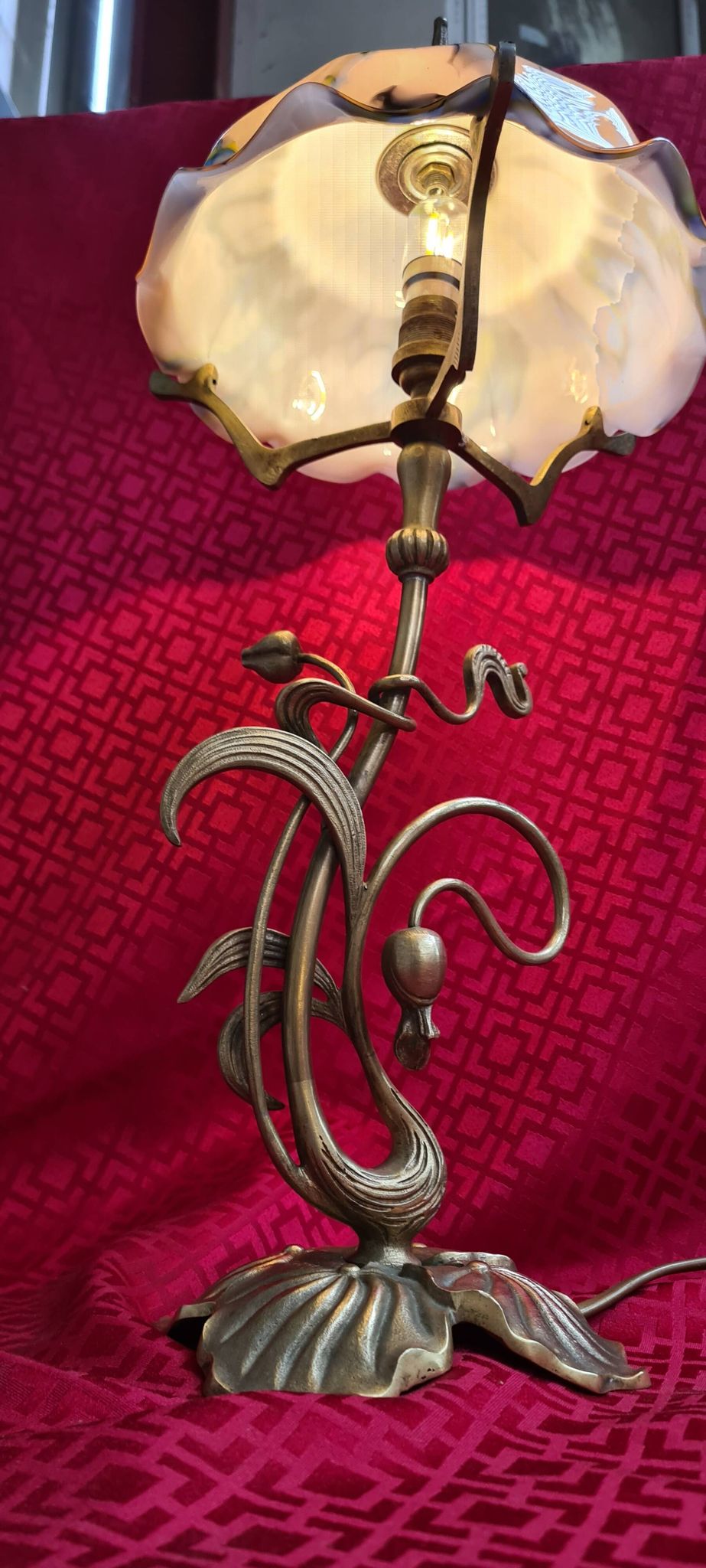 Art Nouveau bronze lamp with very beautiful opaline, Lucien Gau, 54x25