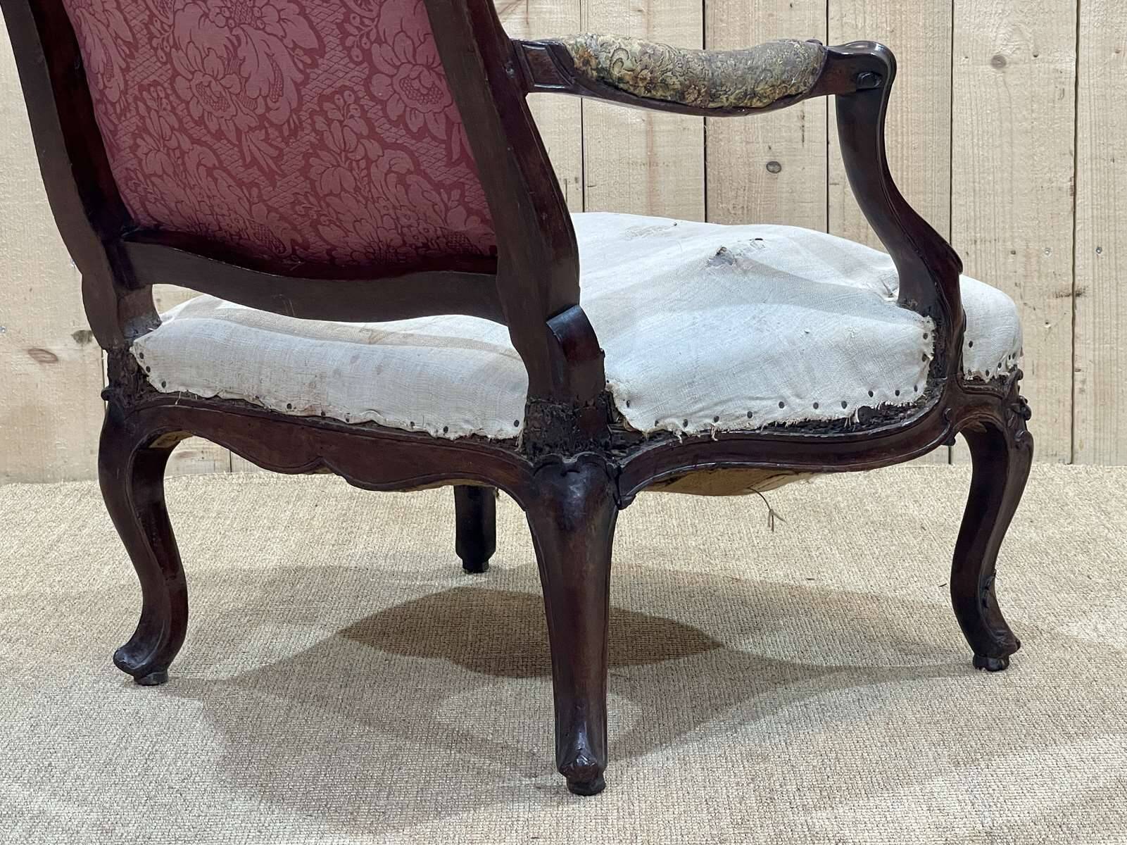 Regency period armchair in 18th century walnut to be reupholstered