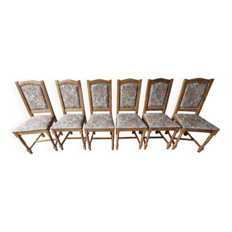 6 solid oak style chairs with fabric.