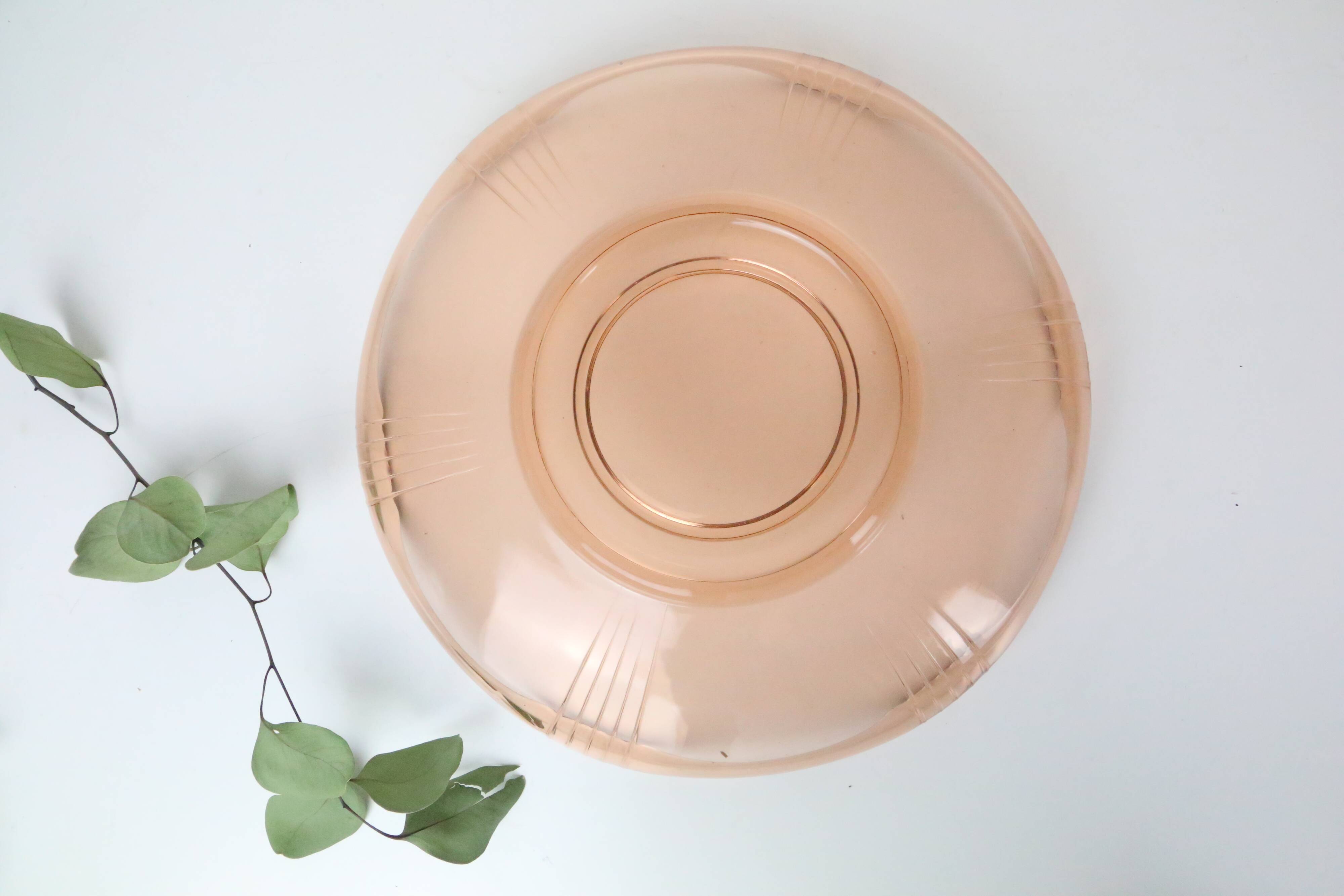 Round pink glass dish, empty pocket or salad bowl, molded glass, art deco
