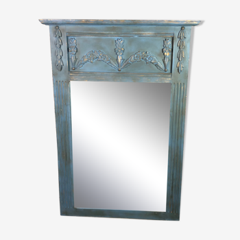 Miroir trumeau en stuc style Louis XV bleu ardoise et doré patiné