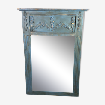 Mirror trumeau in stucco style Louis XV slate blue and patinated gold