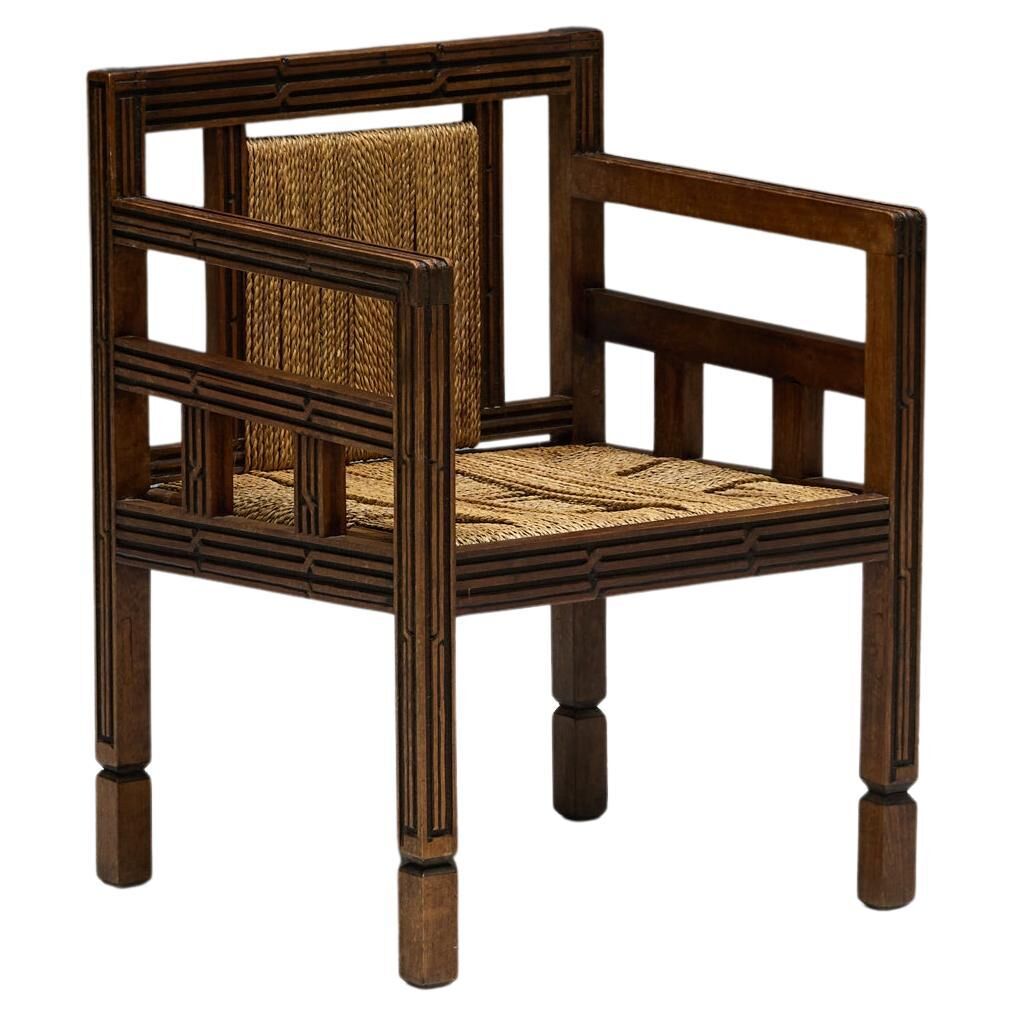 Art Deco Wooden Armchair with Rush Seat, France, 1920s
