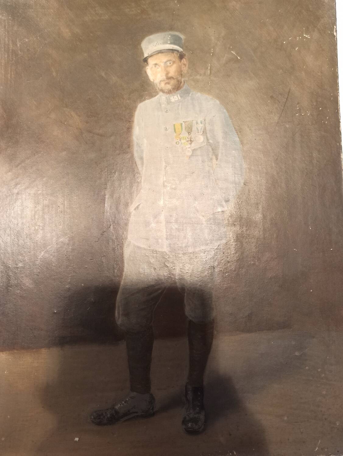 French soldier posing before the battle at Verdun. Oil on canvas. 1917