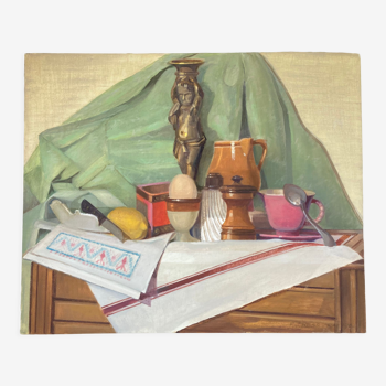 Still life with candlestick and cockpit, signed acrylic on cardboard, modern school