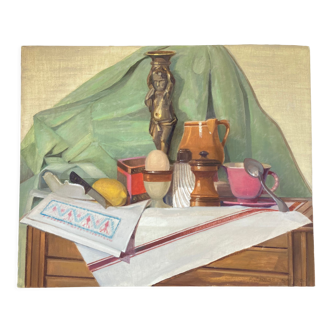 Still life with candlestick and cockpit, signed acrylic on cardboard, modern school