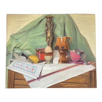 Nature morte au bougeoir et au coquetier, acrylique sur carton signée, école moderne