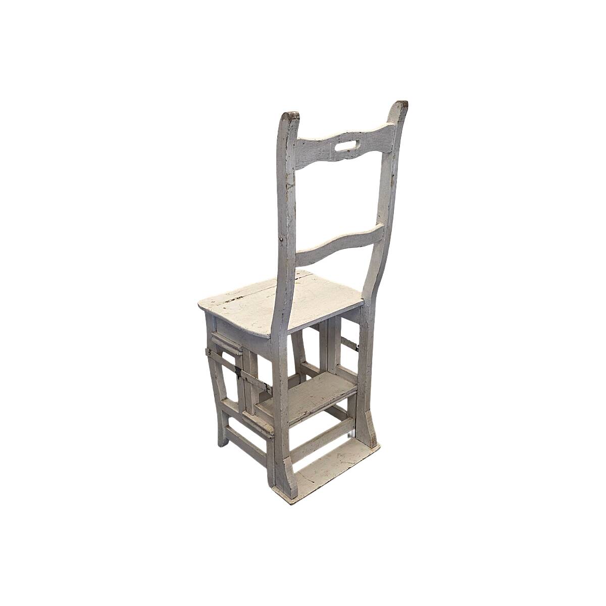 Chaise échelle métamorphose peinte en blanc antique français, datant d'environ 1900.