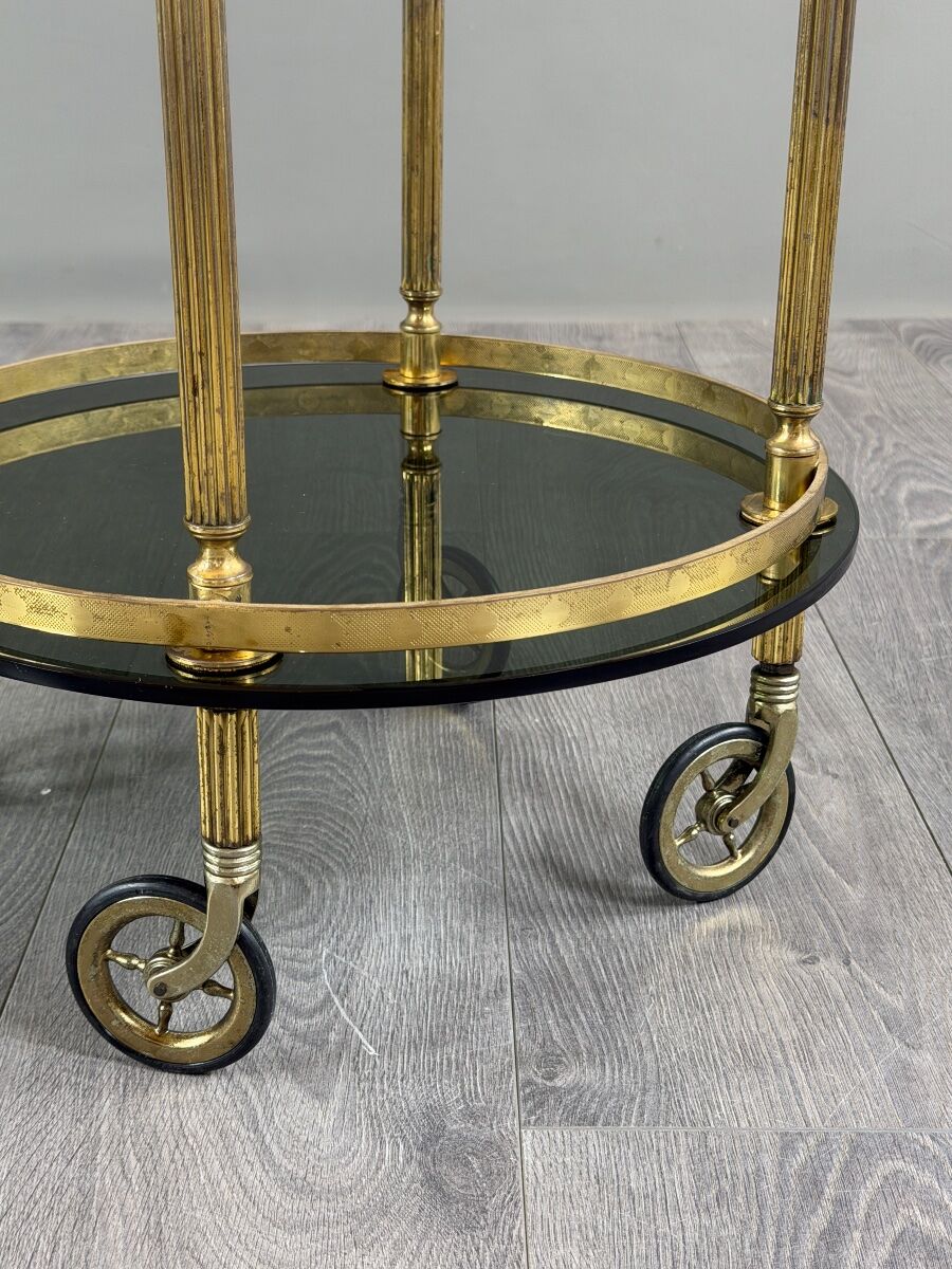 Rolling serving table in gold metal and smoked glass, 20th century