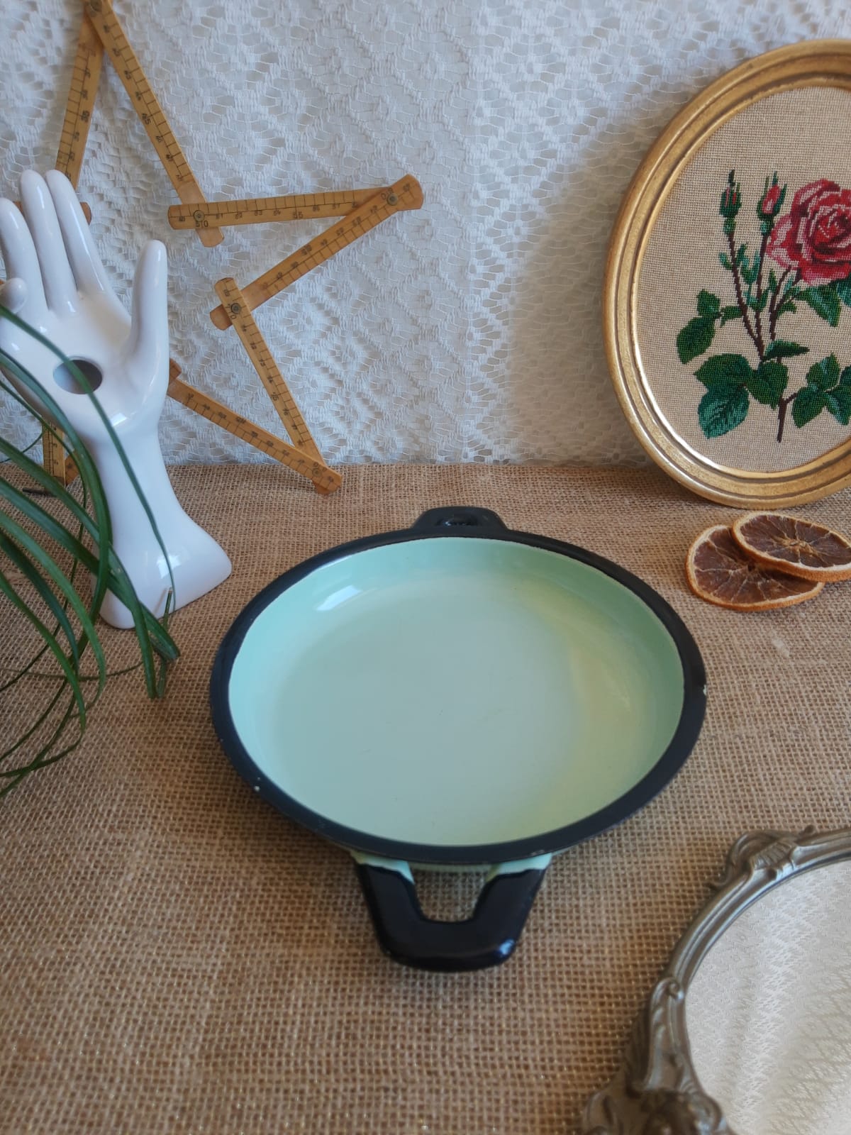 Egg dish green steel enamelled vintage