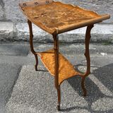 Art Nouveau period two-tiered tea table in veneered wood, signed Émile Gallé