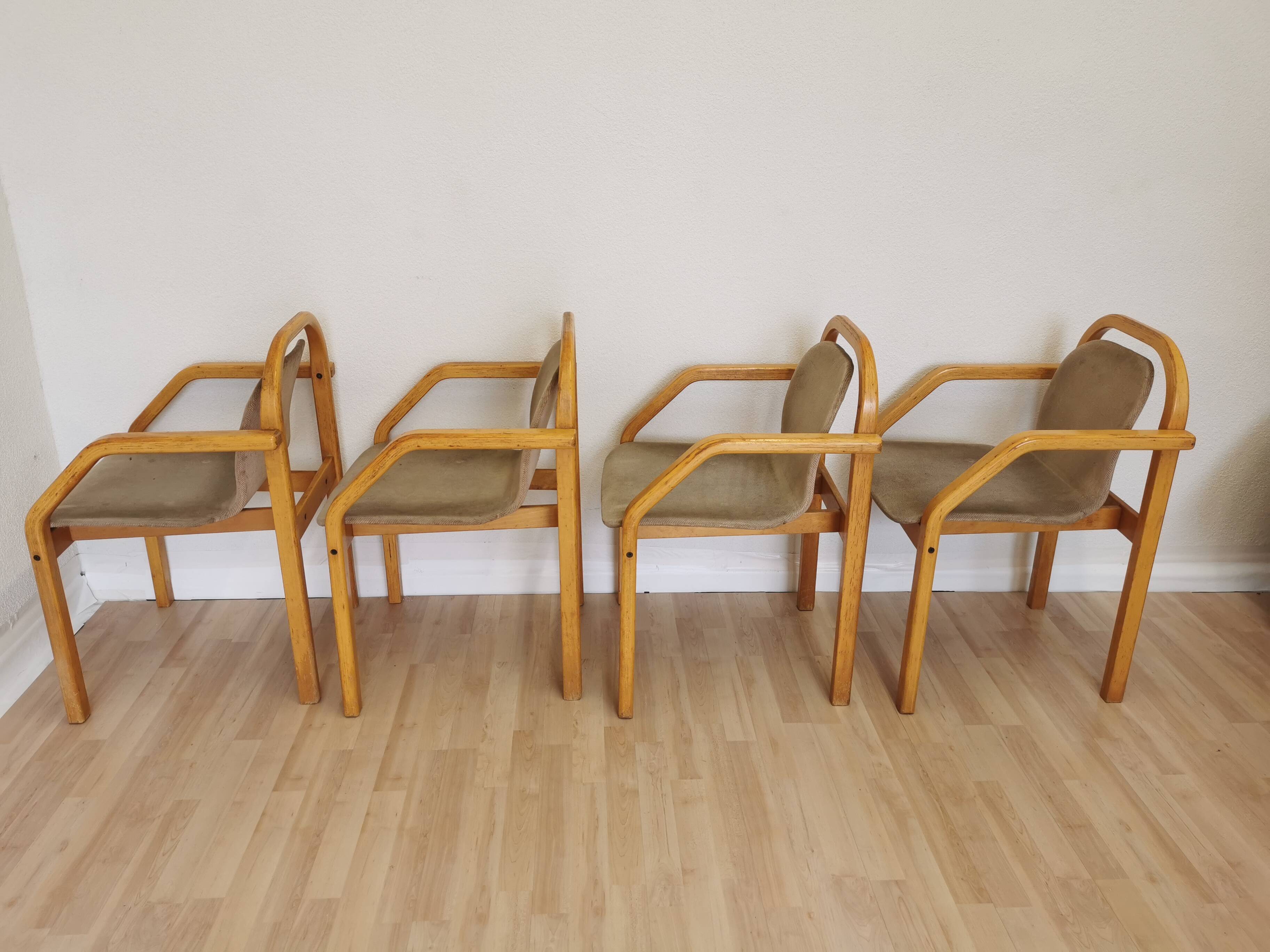 Set of 4 Vintage Beech Wood Dining Chairs: 1970s Space Age Gray Fabric