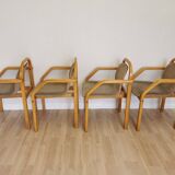 Set of 4 Vintage Beech Wood Dining Chairs: 1970s Space Age Gray Fabric