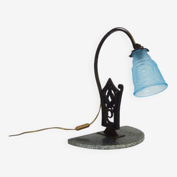 Art Deco lamp with wrought iron base on gray marble base, blue tulip signed