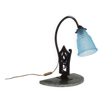 Art Deco lamp with wrought iron base on gray marble base, blue tulip signed