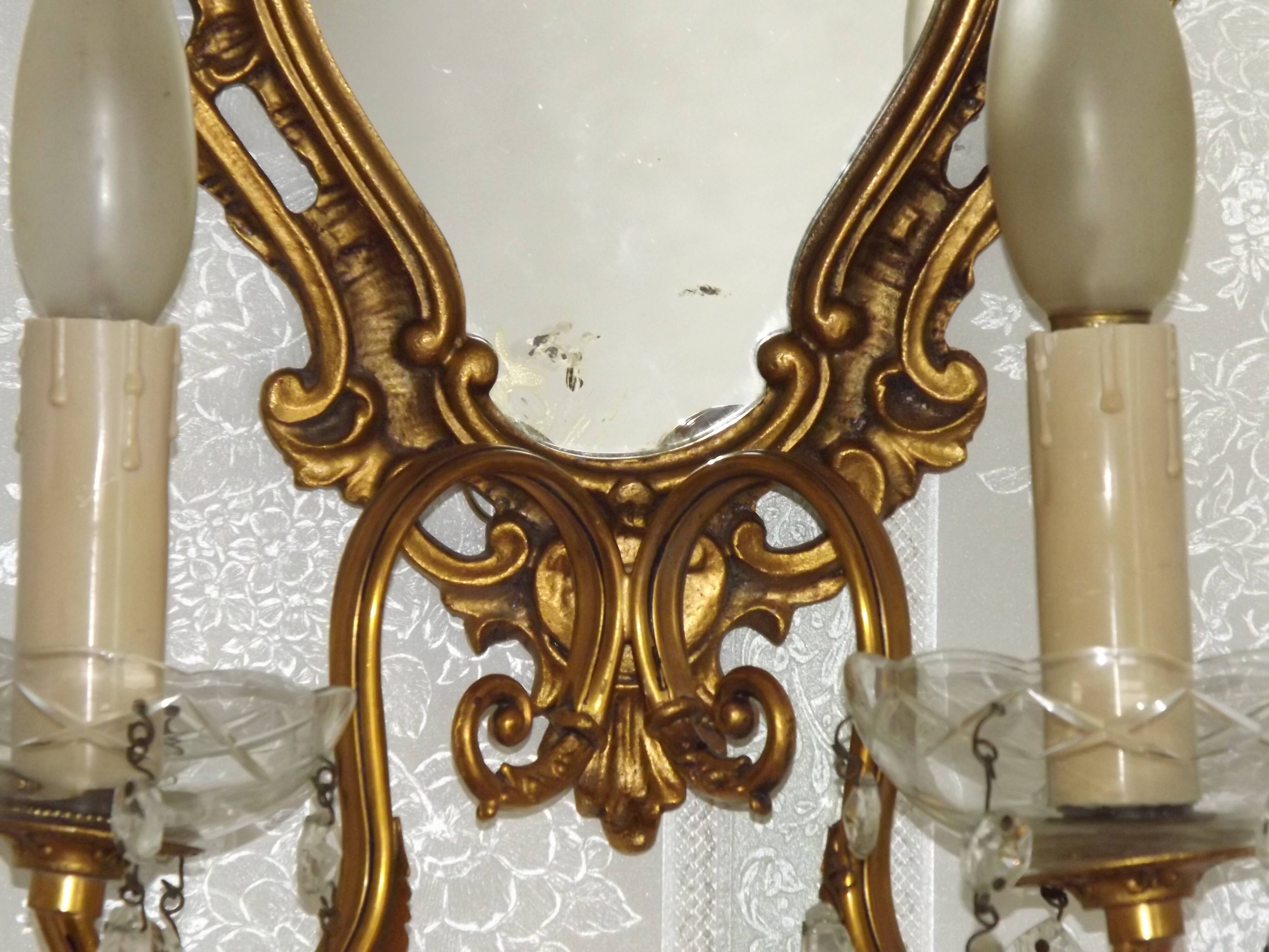 French Antique Gilt Bronze Double Light Crystal Mirrored Wall Sconce 4806