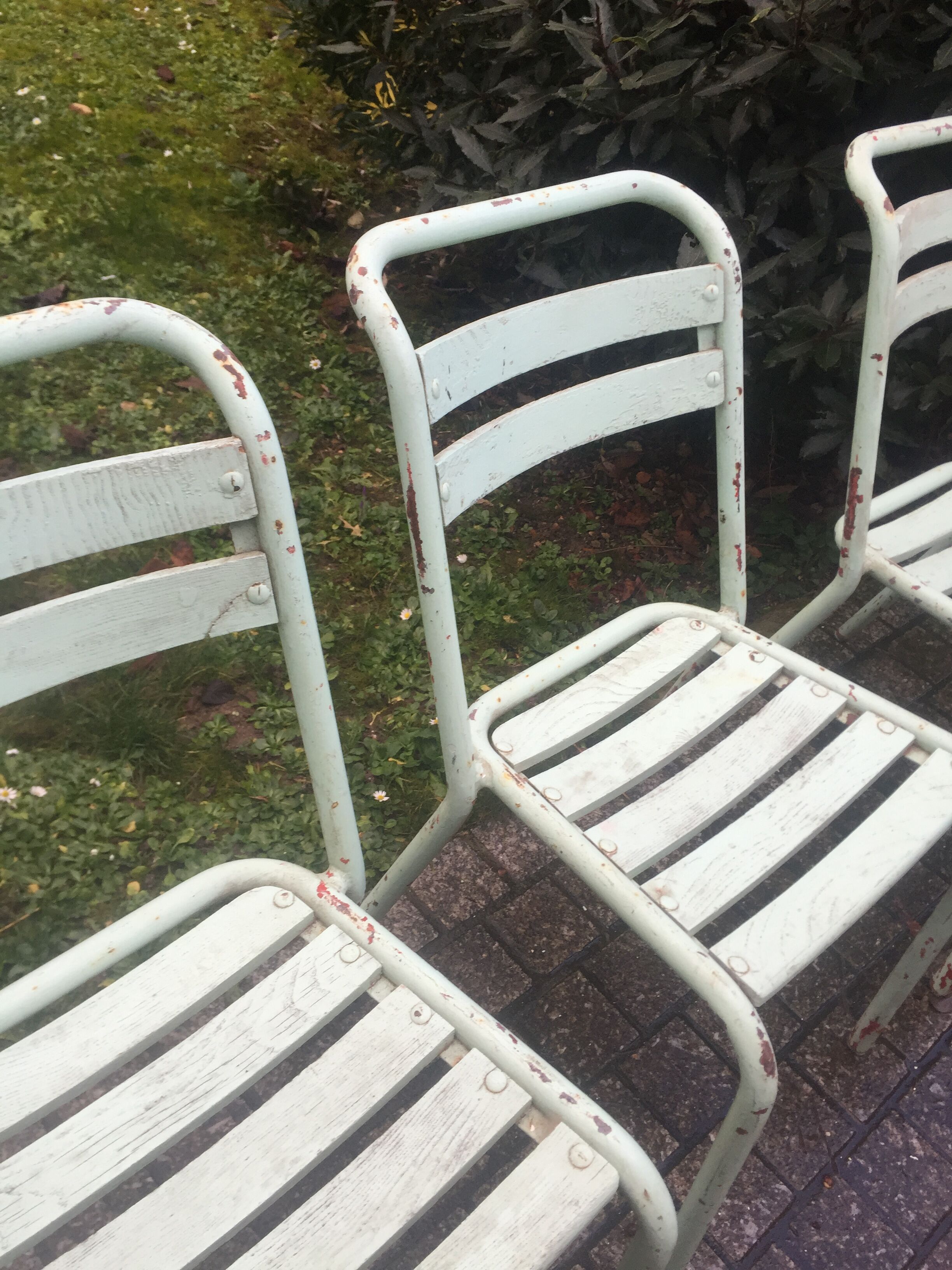 4 chaises vintage tolix bois et métal vert d'eau 1950