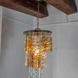 Two-tone chandelier by Zero Quattro, 3 levels, orange and transparent murano glass, Italy, 1970