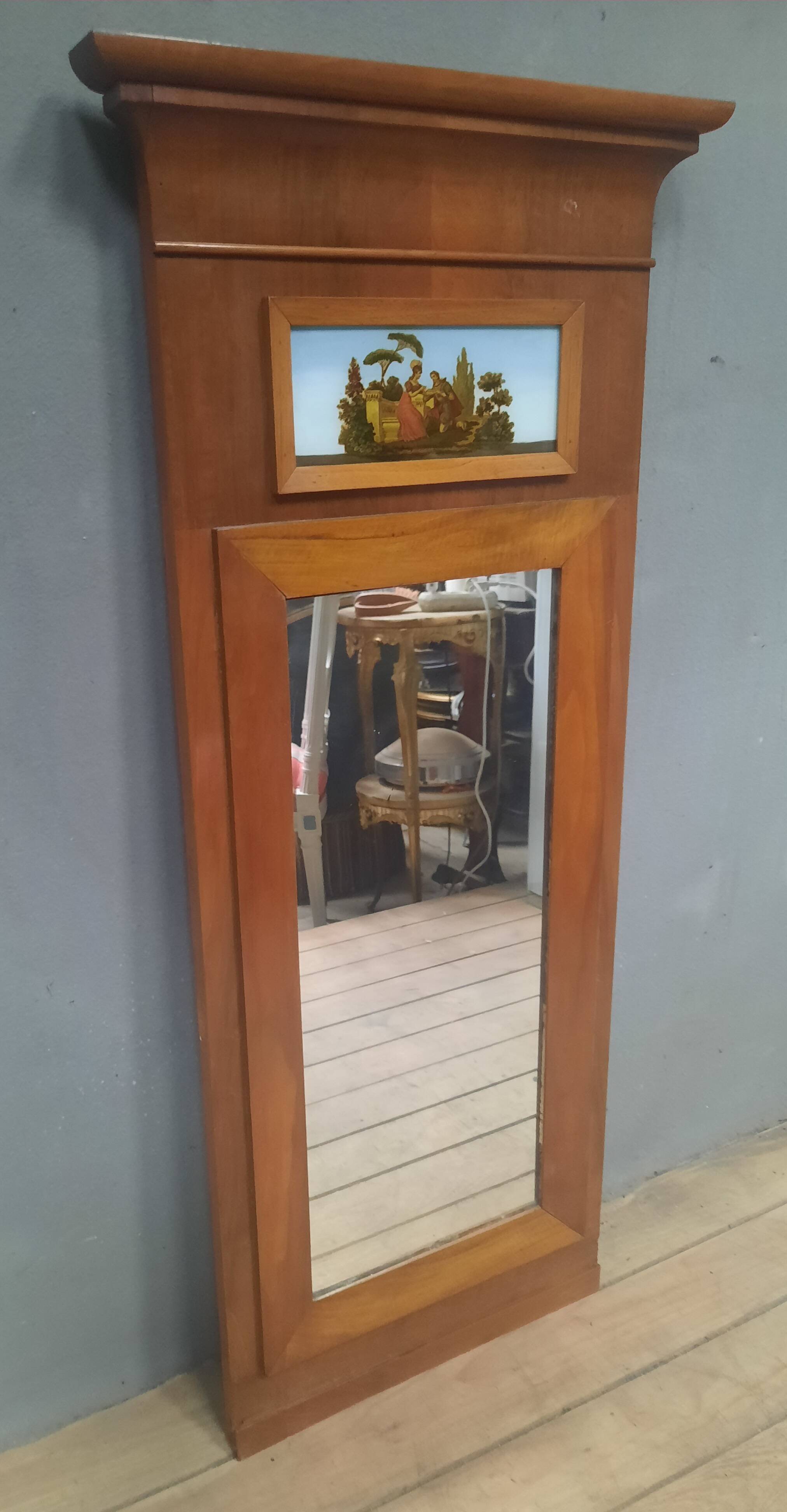 Small varnished wooden trumeau with a gallant scene motif