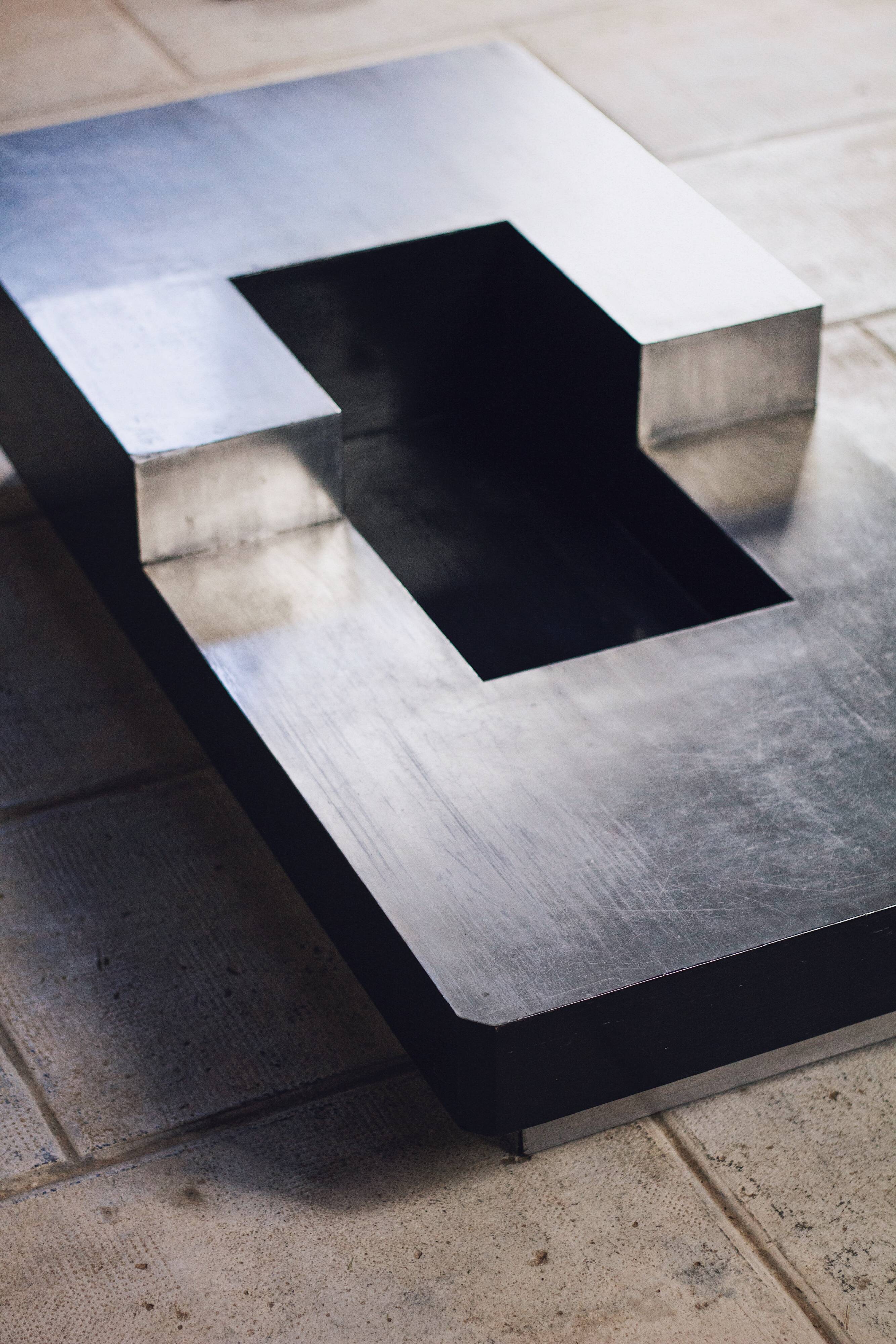 wood and steel bar coffee table, 1980