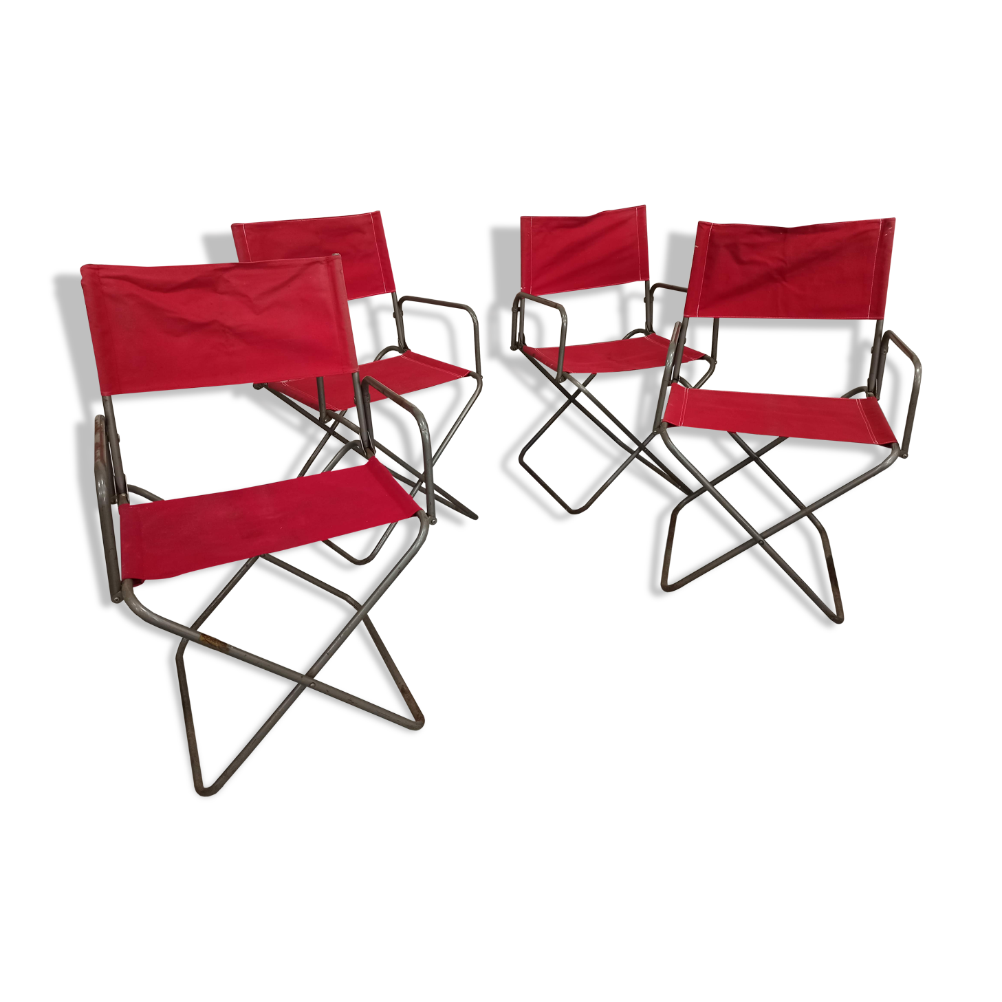 Lot 4 Renolux camping armchairs folding iron and red fabric