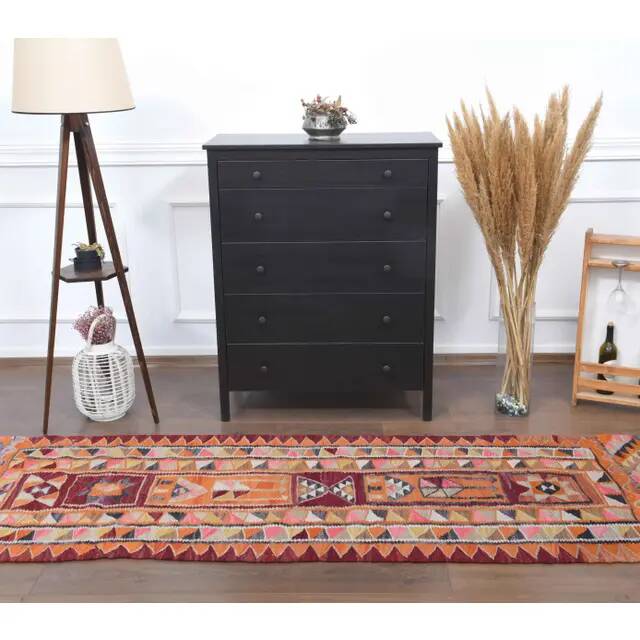 1970s Vintage Turkish Hand-Knotted Wool Cotton Orange Runner Rug 86x288