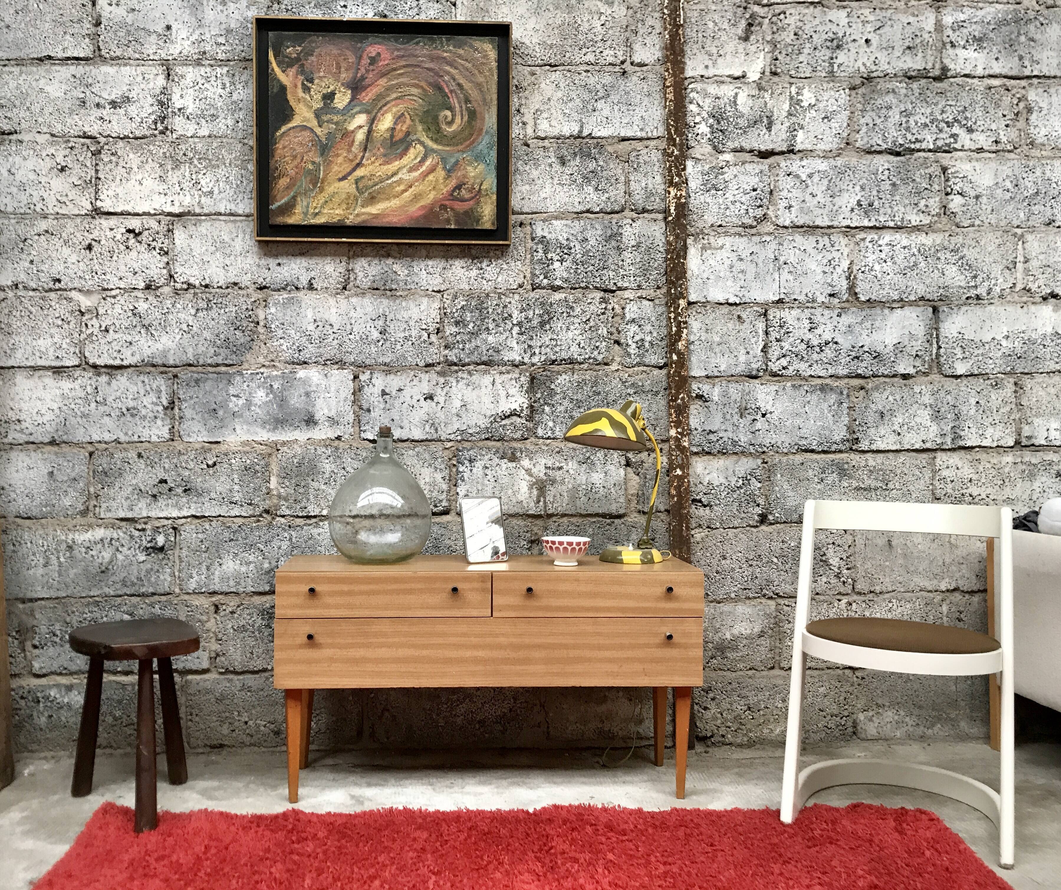 Meuble tv hifi enfilade look scandinave 1960 vintage en formica clair - vintage - pieds fuseaux