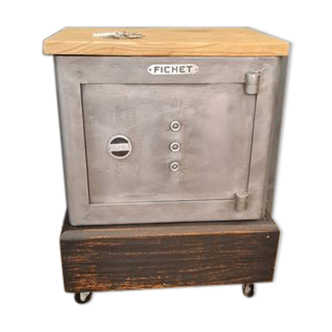 Old Fichet safe on wooden base with wheels key and functional code