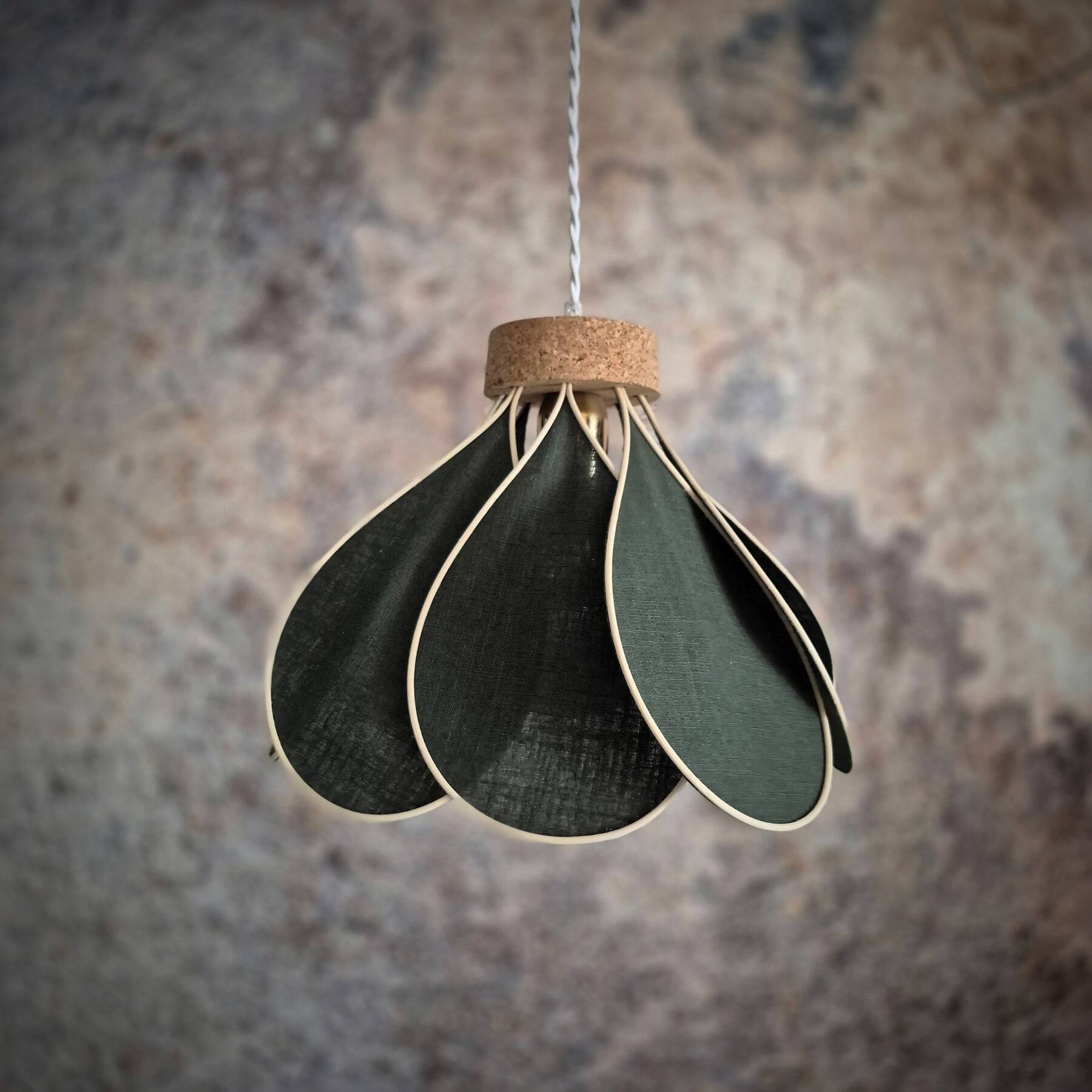 Flower suspension, Nymphéa model, 8 petals in rattan and fir green linen