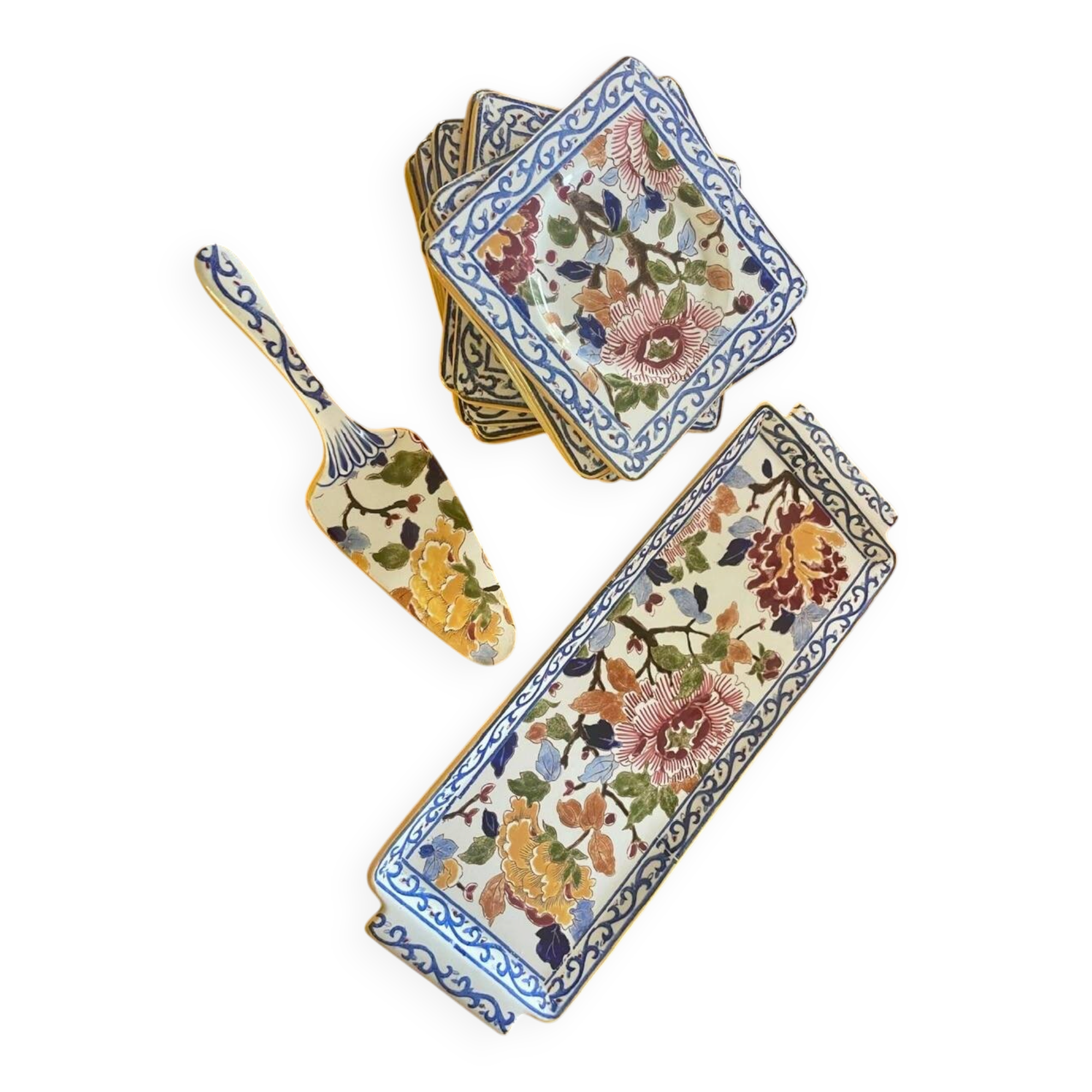 Cake service Gien: peony model; 1 platter, 12 plates and a server.