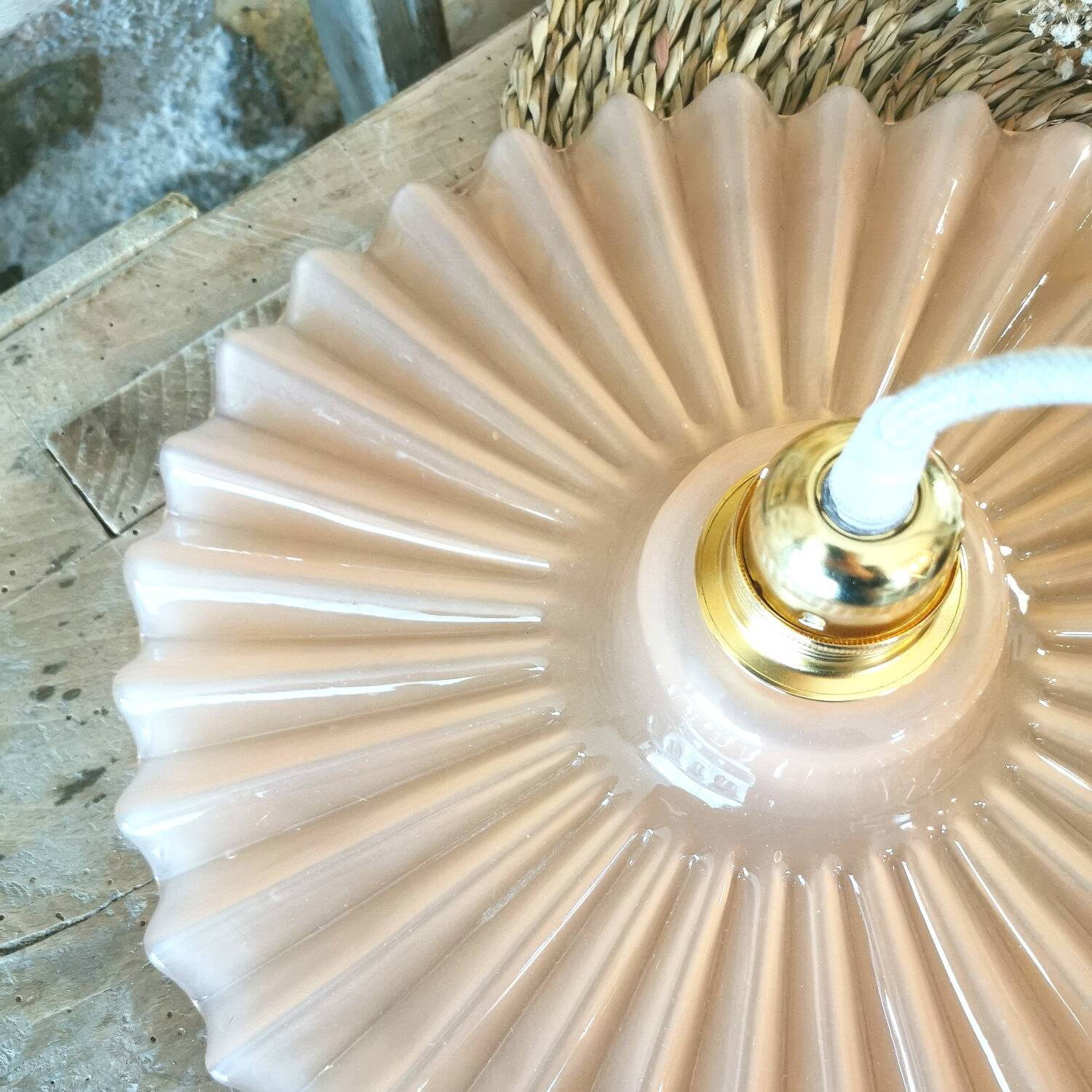 Vintage opaline pink pleated molded glass pendant light