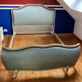 Louis XV style basket bed, embroidered satin, “cracked ivory” finish wood, 1950s