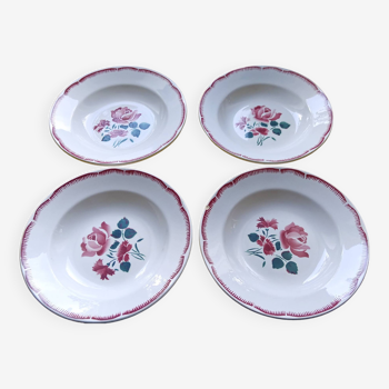 4 soup plates with pink motifs, vintage - Chip on the top on one plate.