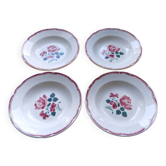 4 soup plates with pink motifs, vintage - Chip on the top on one plate.