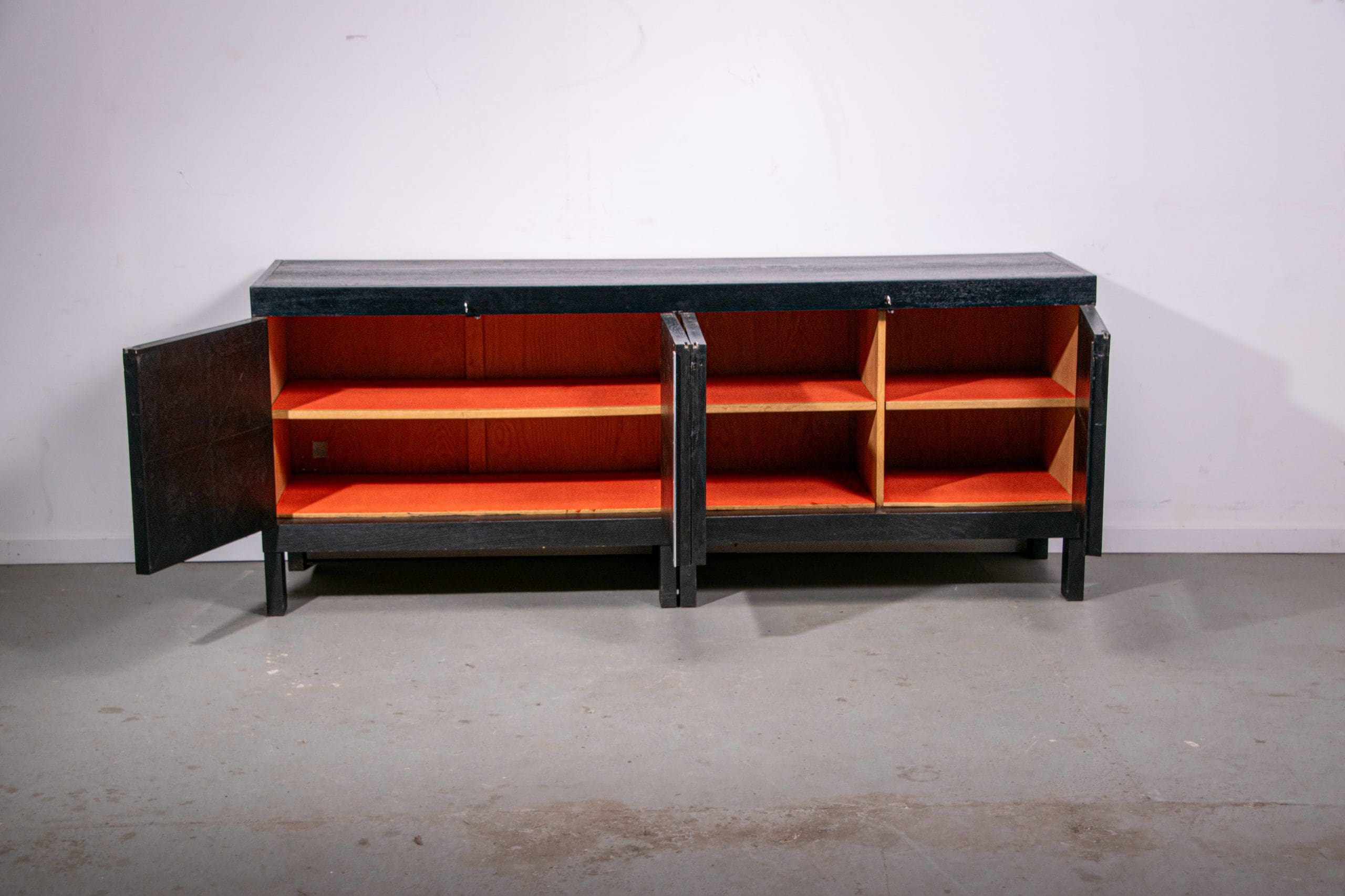 Black oak brutalist sideboard by Jean Batenburg with graphical doors for MI, Belgium