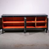 Black oak brutalist sideboard by Jean Batenburg with graphical doors for MI, Belgium