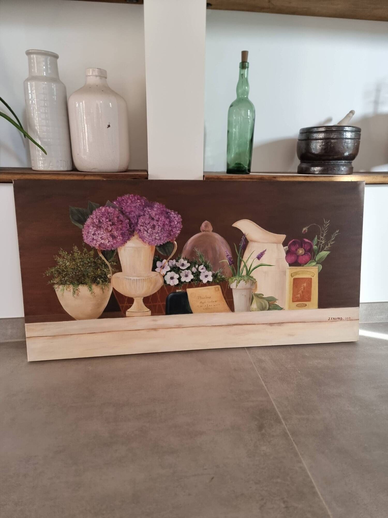 Oil painting on canvas flower and pot 100 x 50 cm