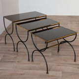Vintage nesting tables in metal and black opaline glass 1950