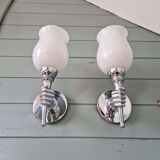 Pair of wall lights in chromed metal and white satin glass, 1960