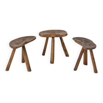 Tabourets en bois primitifs italiens, années 1950, ensemble de 3